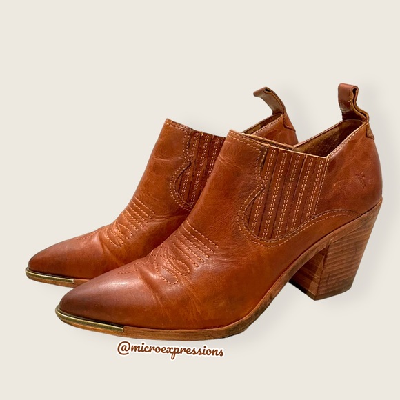 Frye Faye Shootie Cognac Leather Western Southern Embroidered Cowboy Heel Bootie - Picture 4 of 11